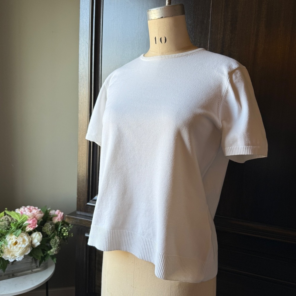 Lands End Sweater Top Cotton Knit White Short Sleeve Pullover Women's L